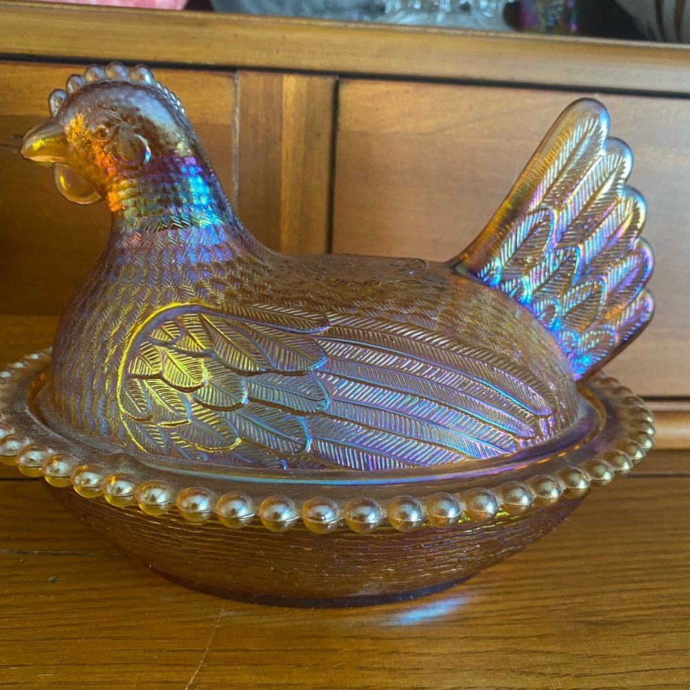 Vintage Carnival Glass Amber Iridescent Hen